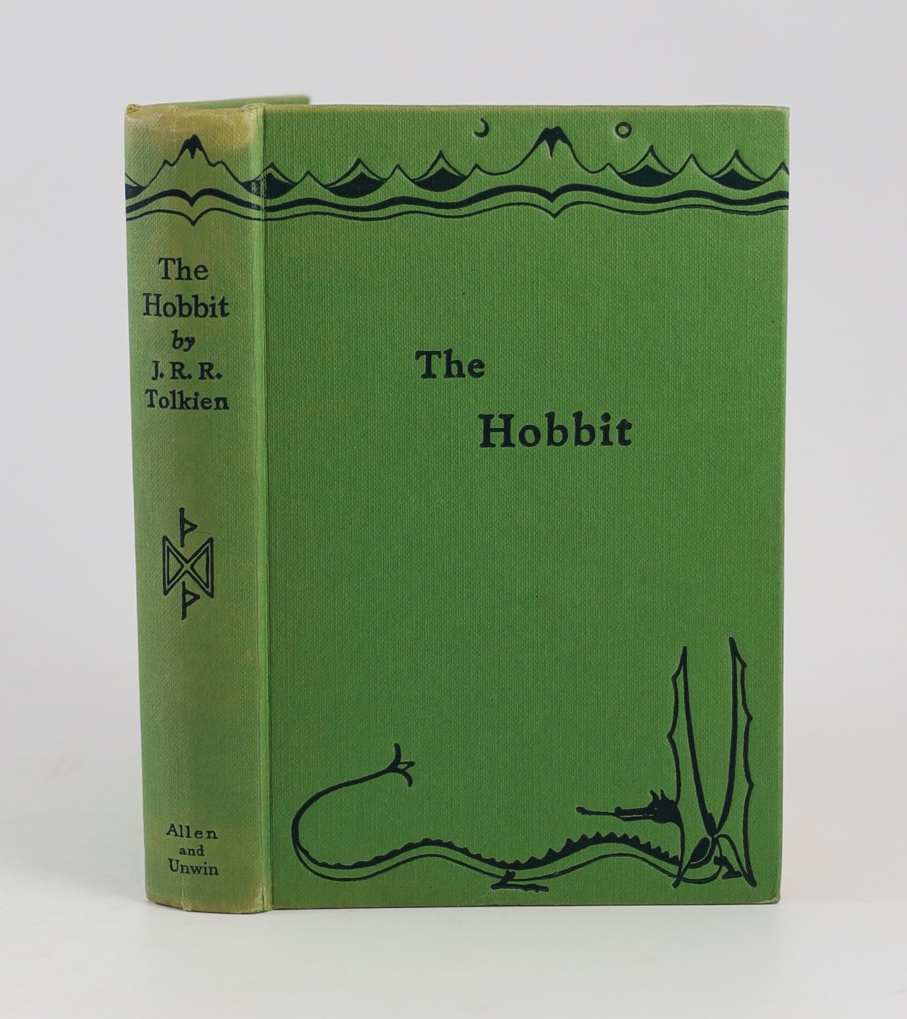 Tolkien, John Ronald Reuel - The Hobbit, 2nd edition, 14th impression, with colour frontispiece, map endpapers, original green cloth in clipped d/j, spine with minor tears and loss, ownership inscription in red ink to fr